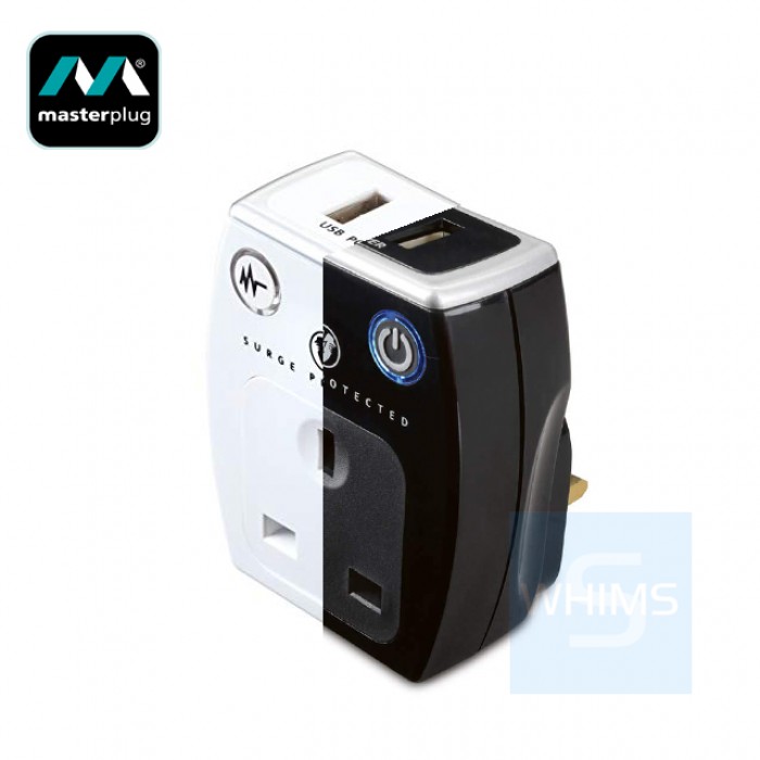 Masterplug - Surge Protection 2USB - 2.1A英國插座插頭充電器 - 白色/黑色