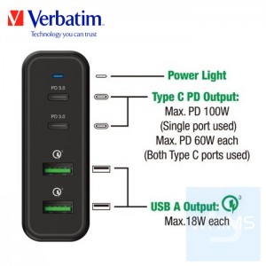 Verbatim - 4 Ports 100W PD & QC3.0 USB 充電器